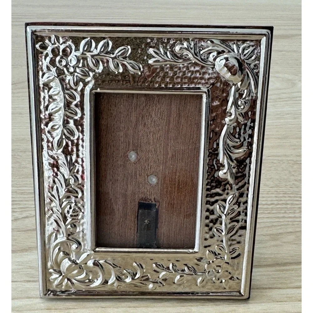 Ornate Floral Silver Tone 1.5x2 Picture Frame Wood Back Easel